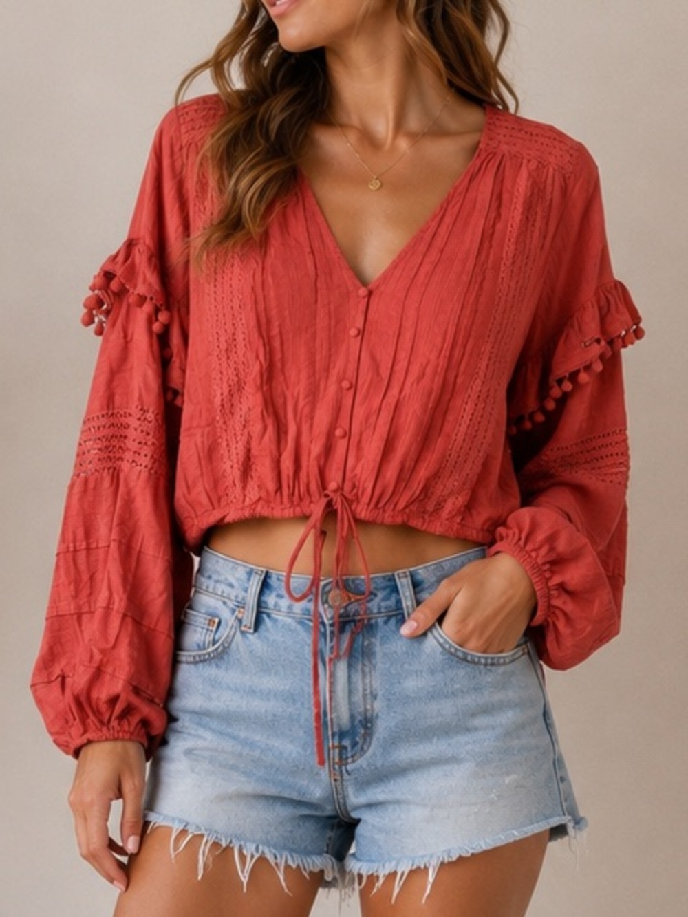 House of Harlow Rust Red Bohemian Long Sleeve Crop Top S/M Top